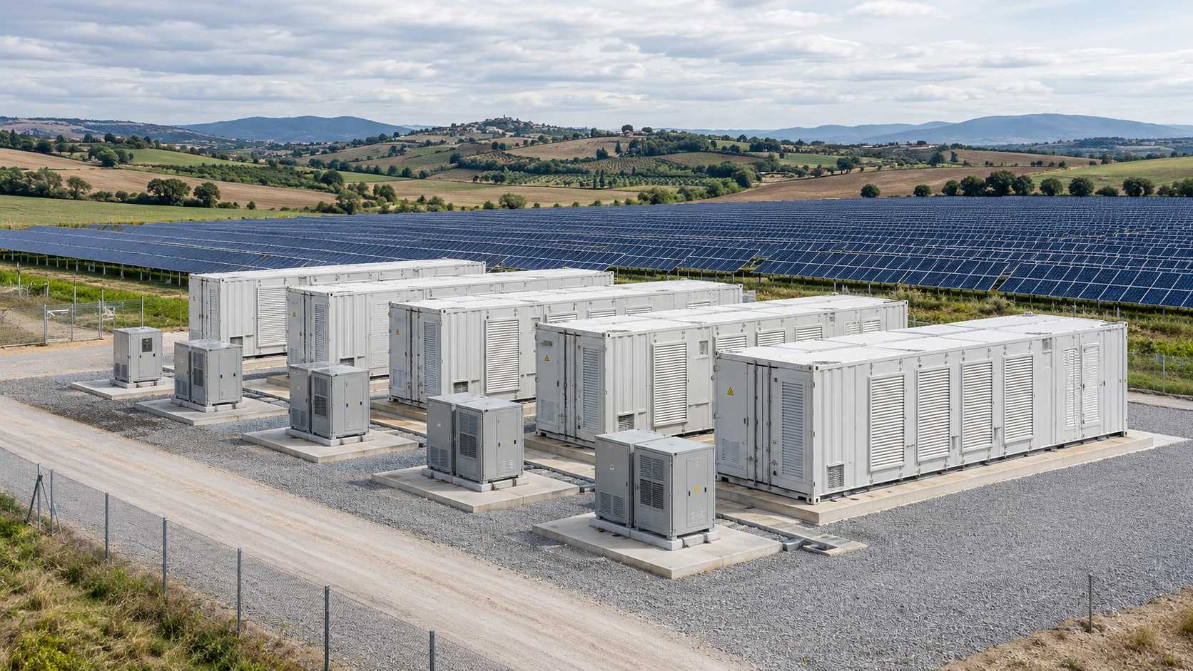 Sistemi BESS accanto a un campo fotovoltaico